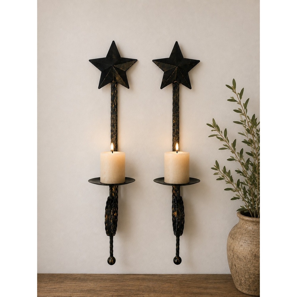 Primitive Style Star Candle Sconces, Pair of Rustic Wrought Iron Wall Candlehold